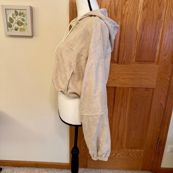 SHEIN Sz M Beige Corduroy Cropped Hooded L/S Jacket Zip Elastic Hem & Sleeves - Picture 3 of 9